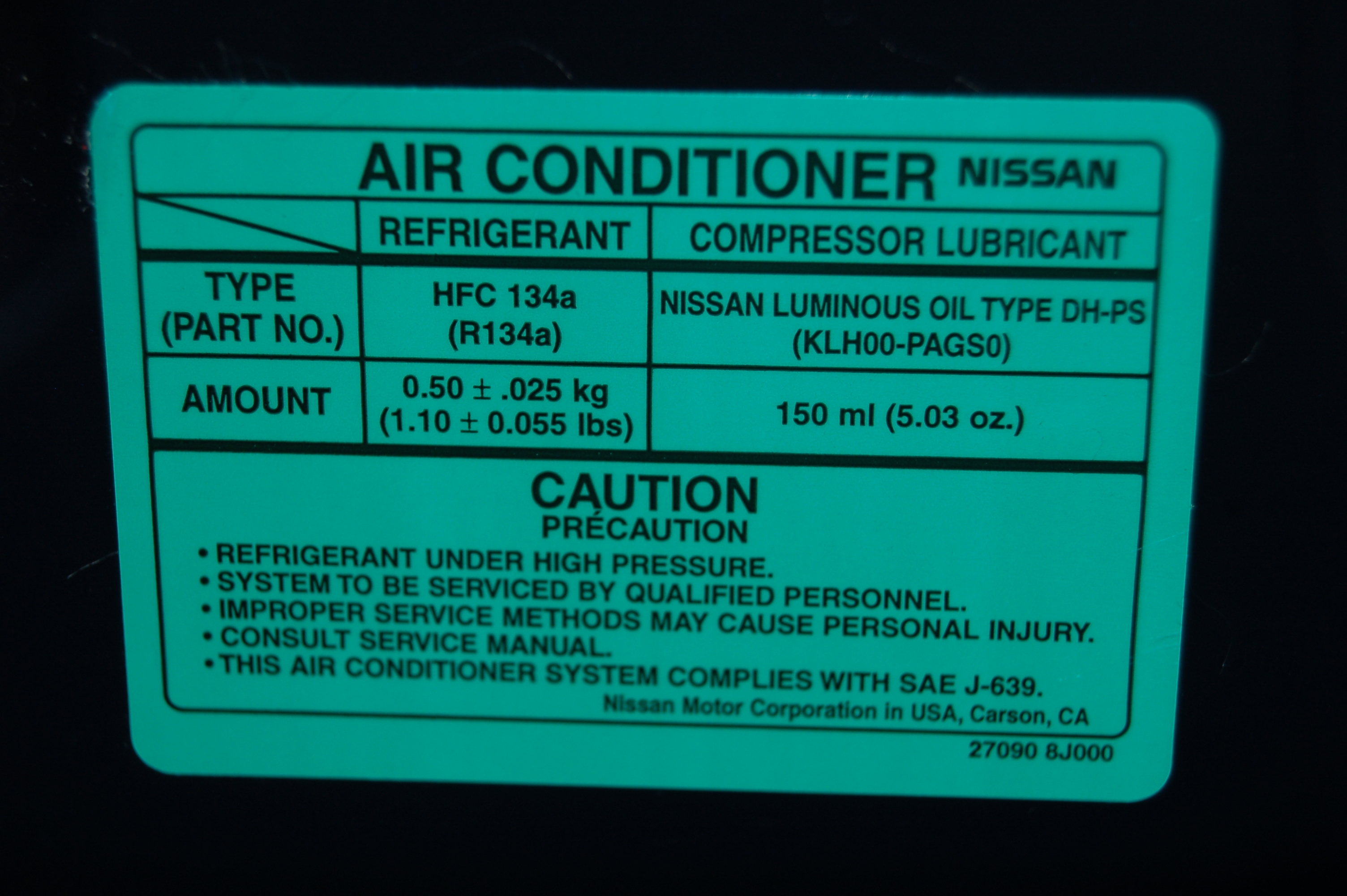 Nissan Refrigerant And Oil Capacity Charts
